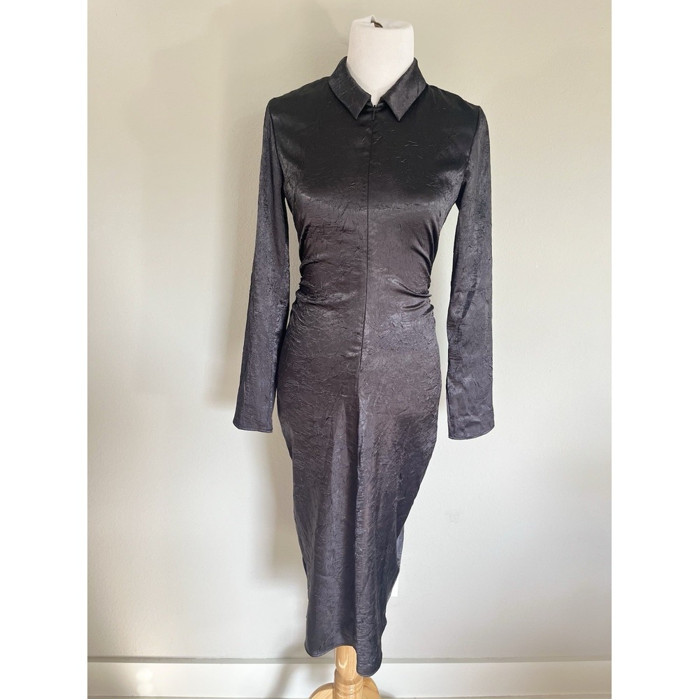Samsoe Samsoe Ivana Dress Matte Satin Black Long Sleeve Size Medium Goth Witch
